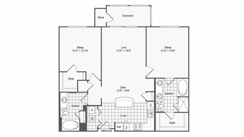 Floor plan for 2 beds, 2 baths, 1202 sqft